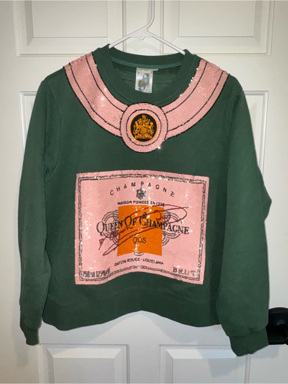 QUEEN OF SPARKLES Green Sweatshirt with Pink Sequin Trim